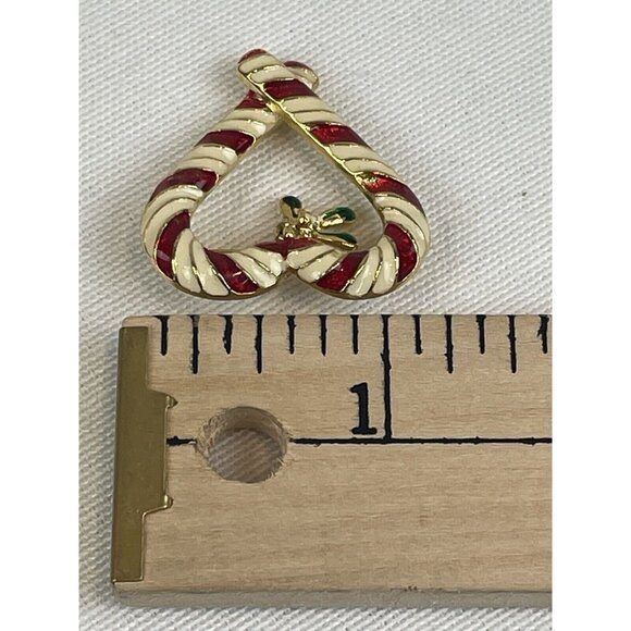 VTG Enamel Red White Gold Candy Cane Heart Dangle Holly Pin Brooch Signed GSK FS - Picture 7 of 7